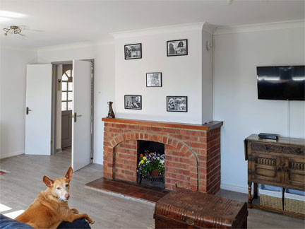 View back towards the entrance to the lounge showing TV and dog lying on an arm of a sofa